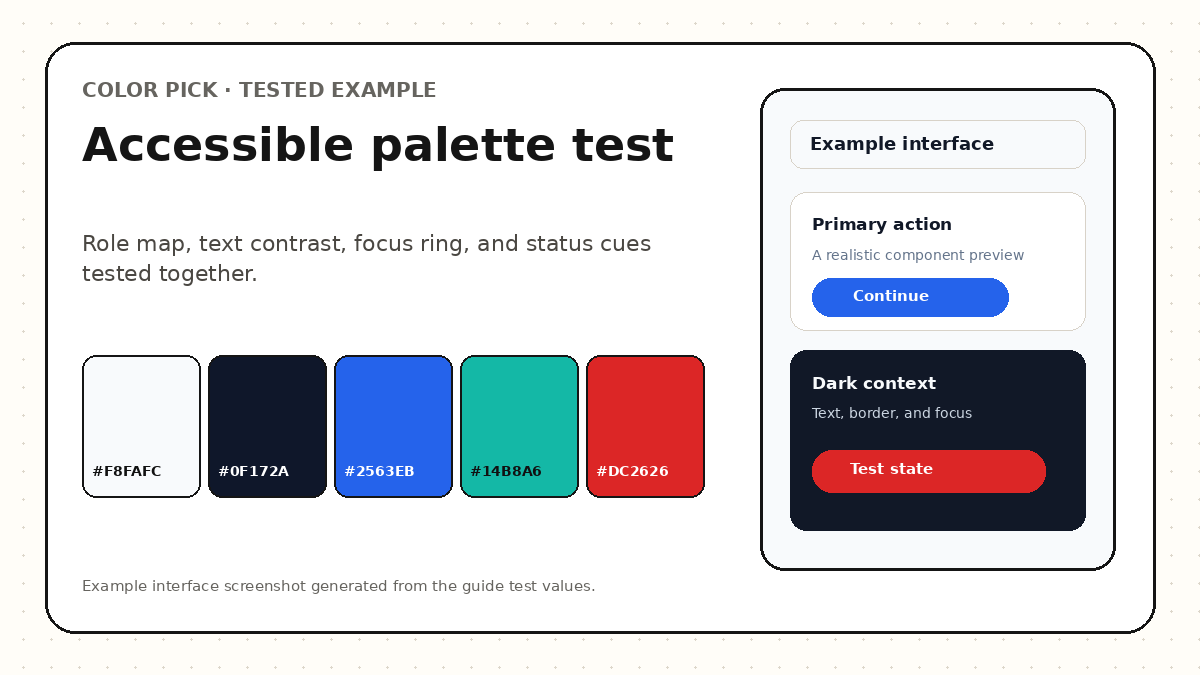 Example accessible interface showing palette roles, focus ring, primary action, and status colors