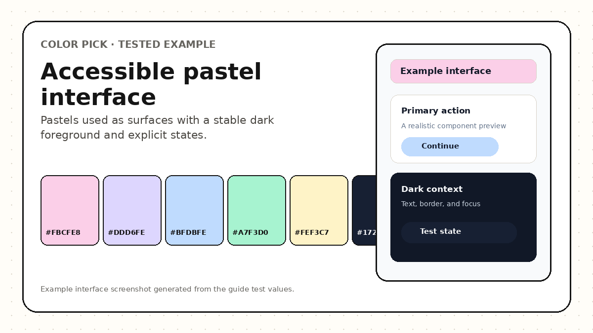 Accessible pastel interface example using pink purple blue mint and yellow surfaces with dark text