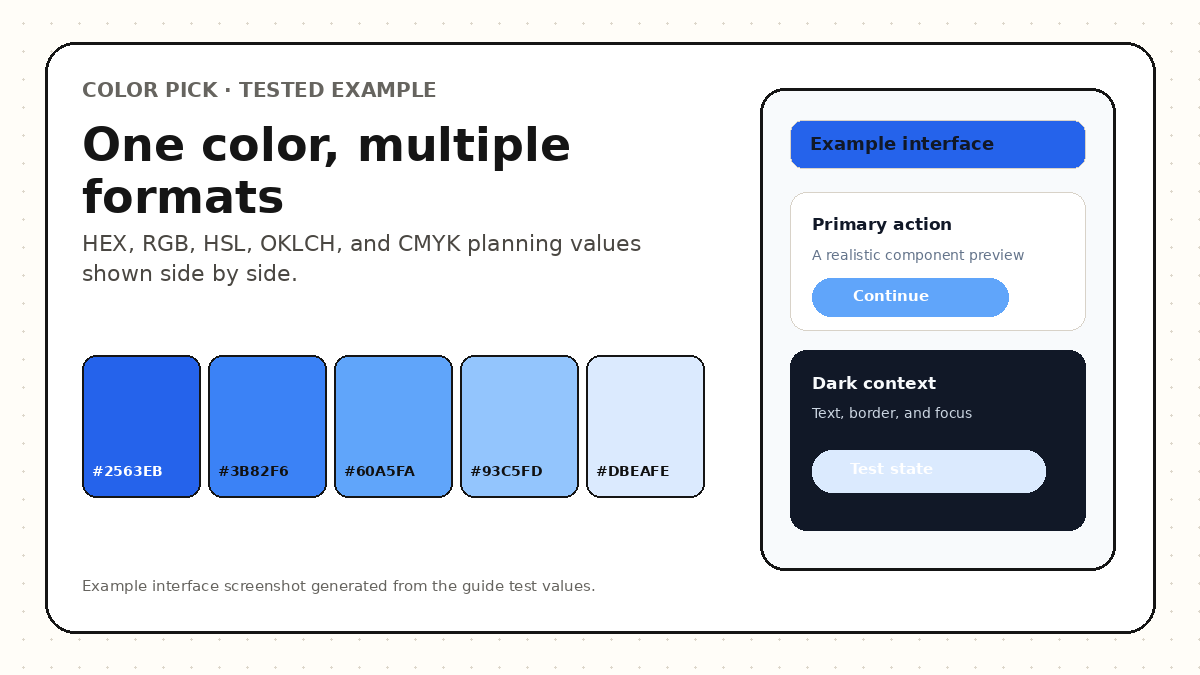 One blue color represented as HEX RGB HSL OKLCH and CMYK planning values