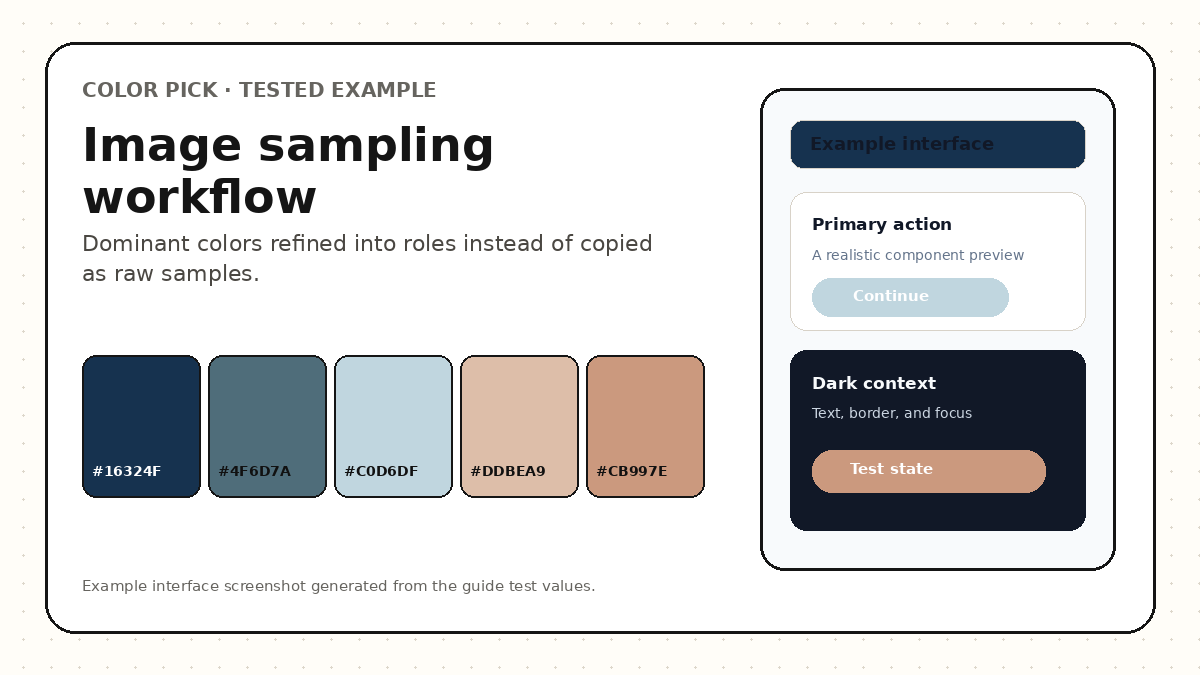 Image palette extraction workflow showing sampled colors refined into interface roles